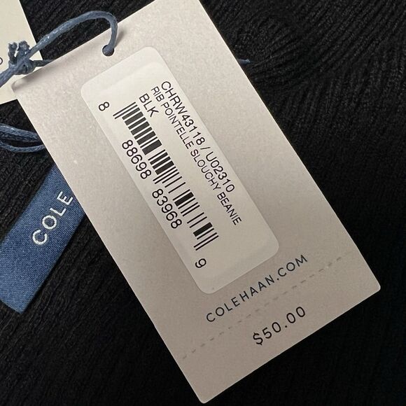 Cole Haan Men's Rib Pointelle Slouchy No Cuff Wool Beanie Hat Black Unisex - Picture 6 of 8